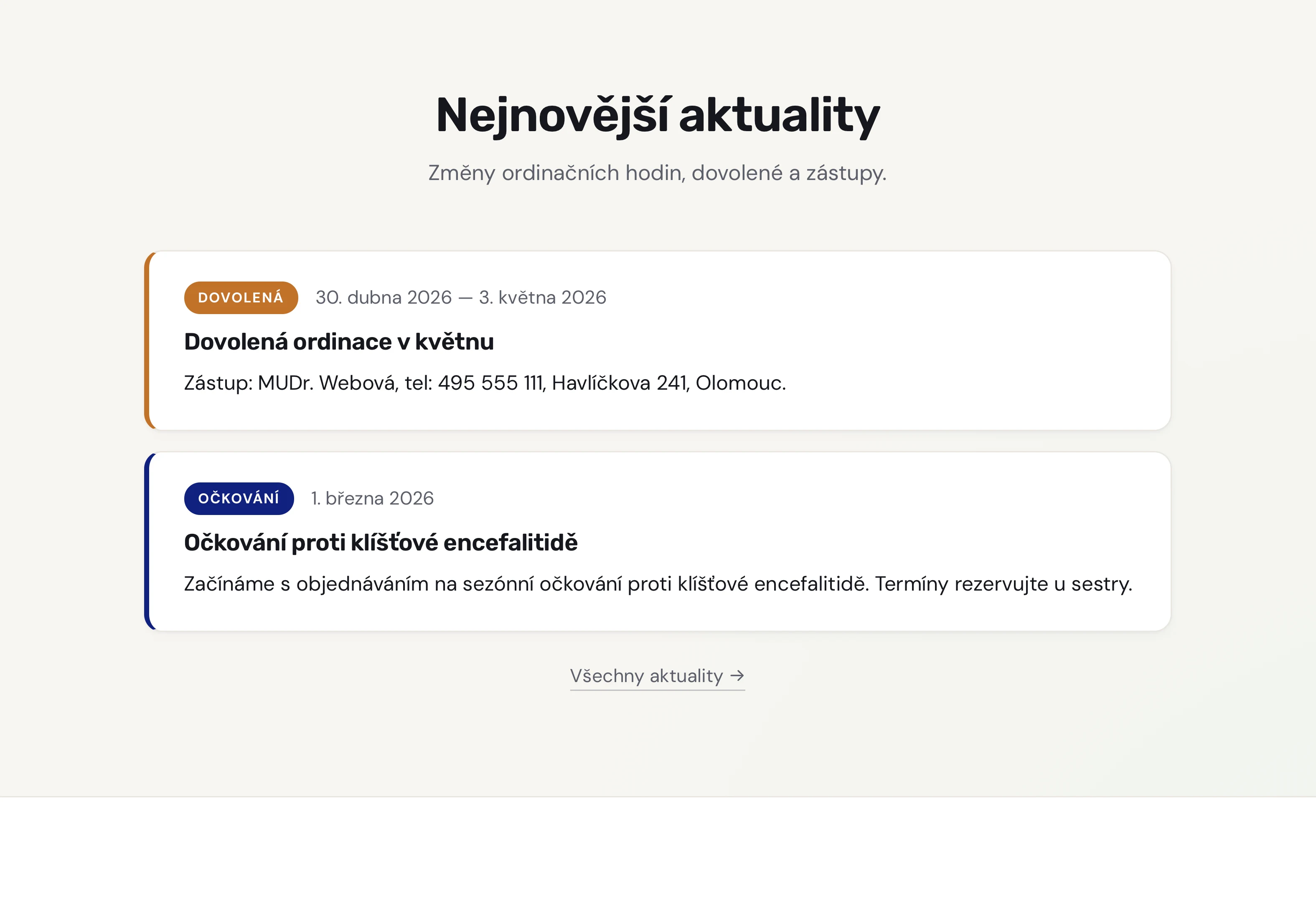 Náhled sekce Dovolené a zástupy v reálném webu ordinace