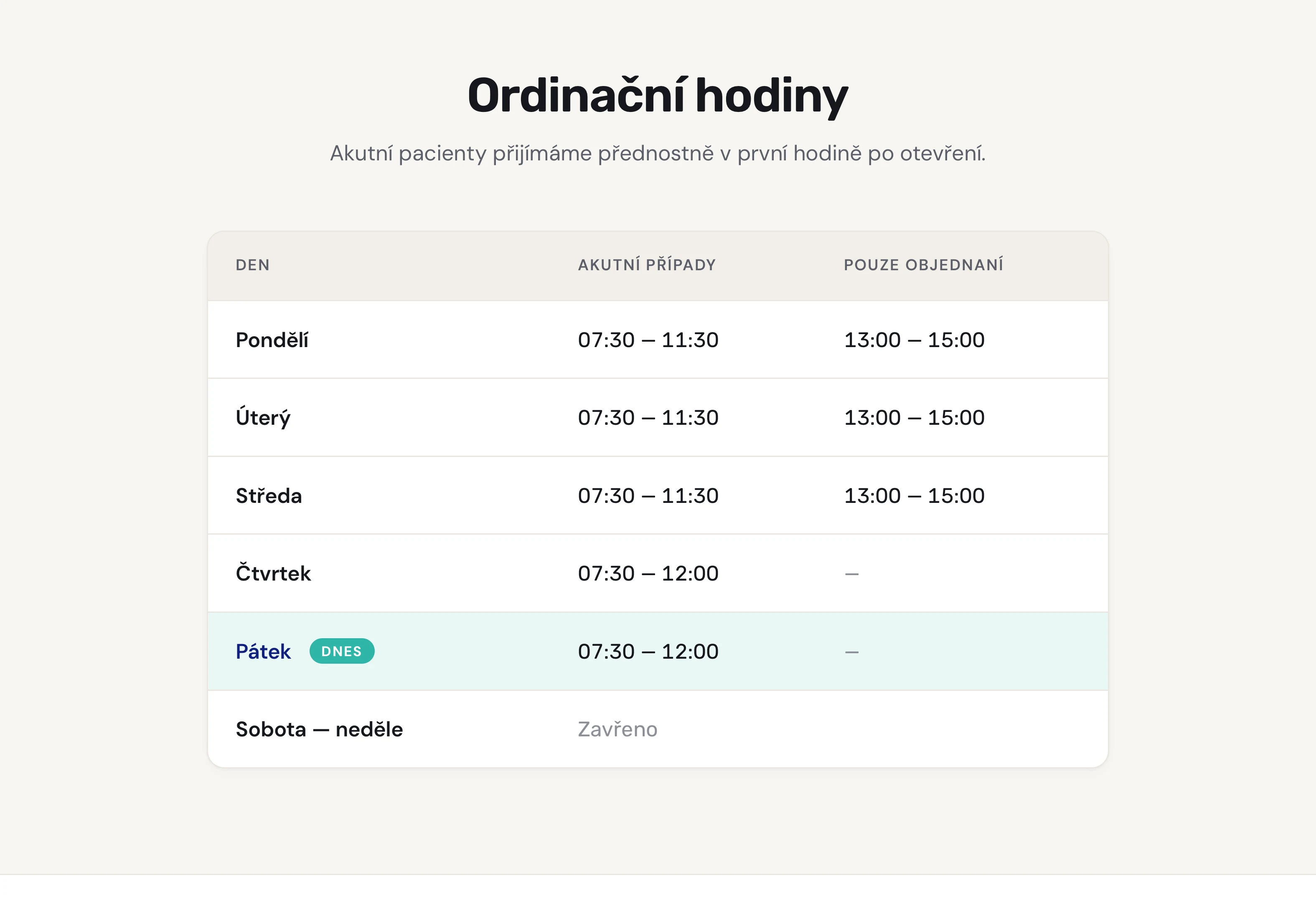 Náhled sekce Ordinační hodiny v reálném webu ordinace